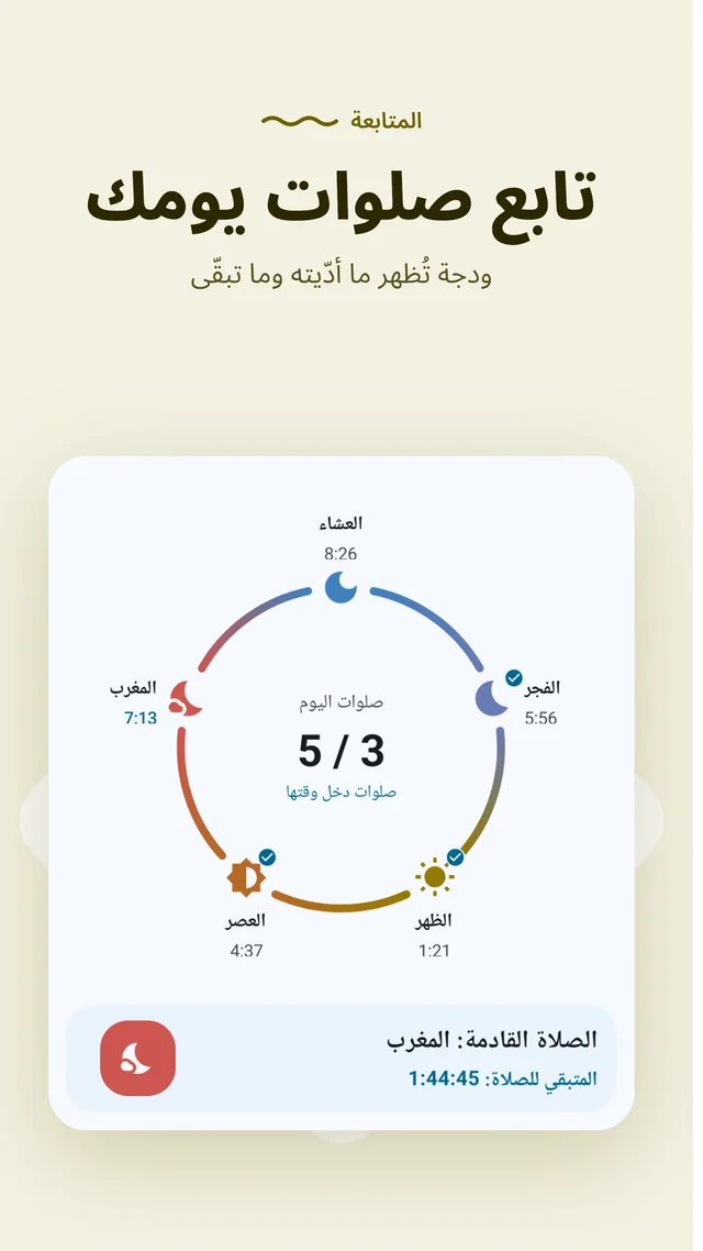 Daily prayer tracker showing the prayers performed so far